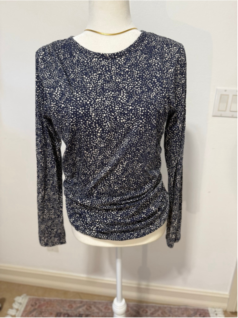 Nation LTD Navy White Polka Dot Long Sleeve Tee L, asymmetrical gathering